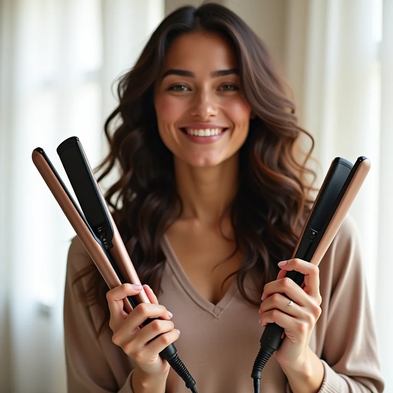 Mulher com cabelo ondulado escolhendo chapinha