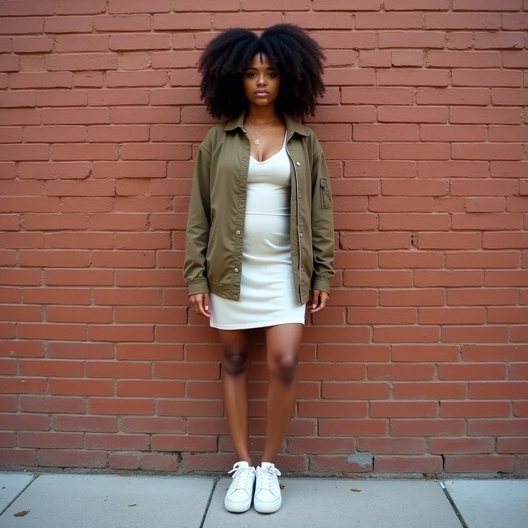 Mulher com cabelos ondulados usando vestido, jaqueta e tênis em frente a uma parede de tijolos
