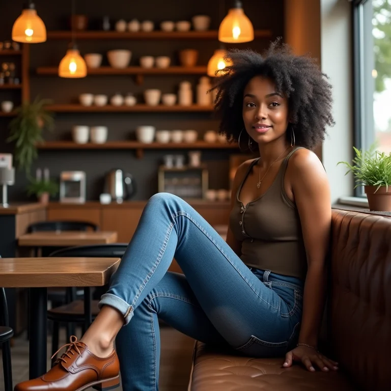 Mulher com calça jeans e sapato Oxford.