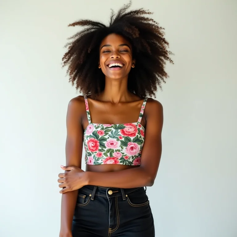 Mulher com calça jeans preta e blusa estampada vibrante.