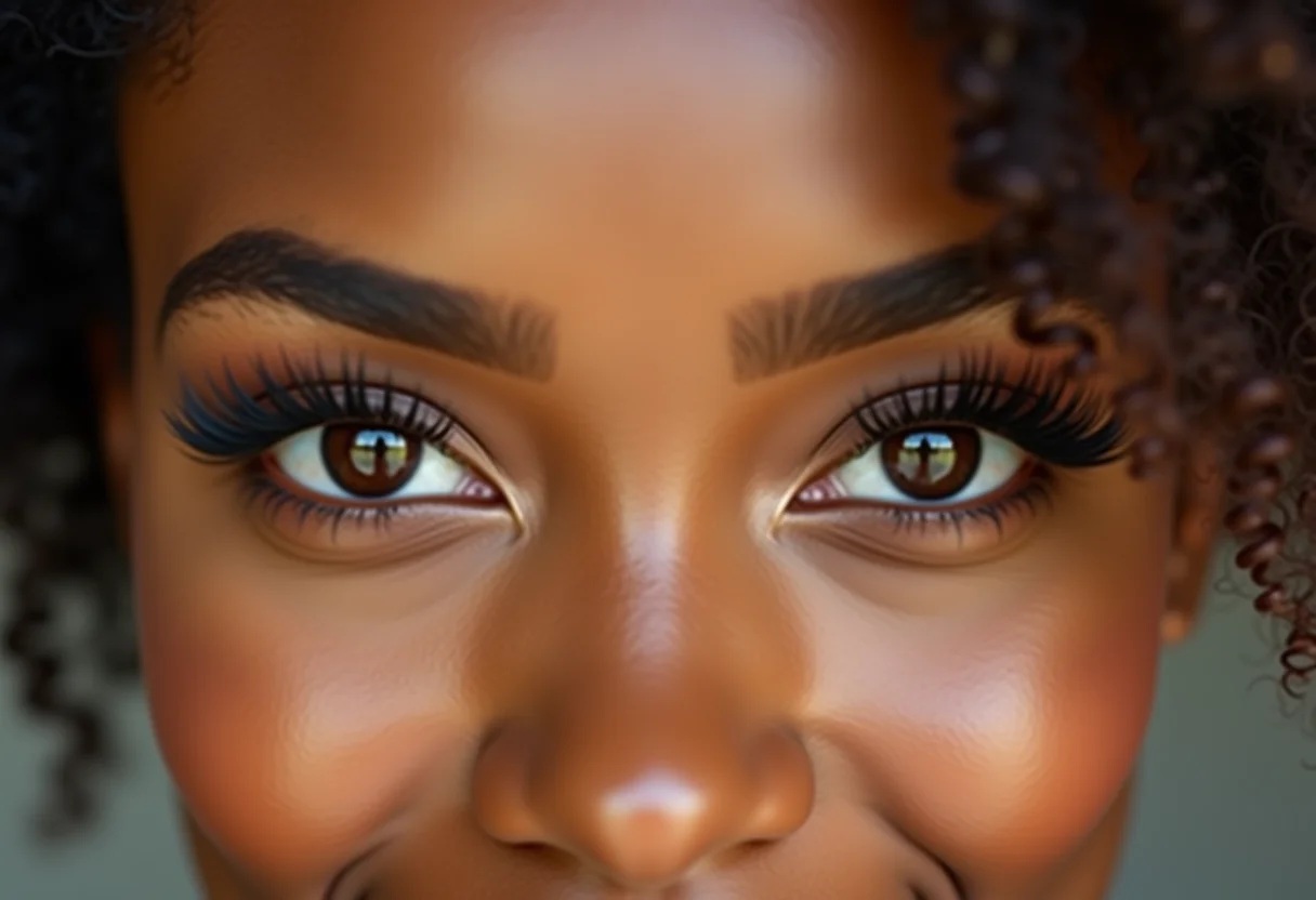 Mulher com cílios volumosos e olhar poderoso