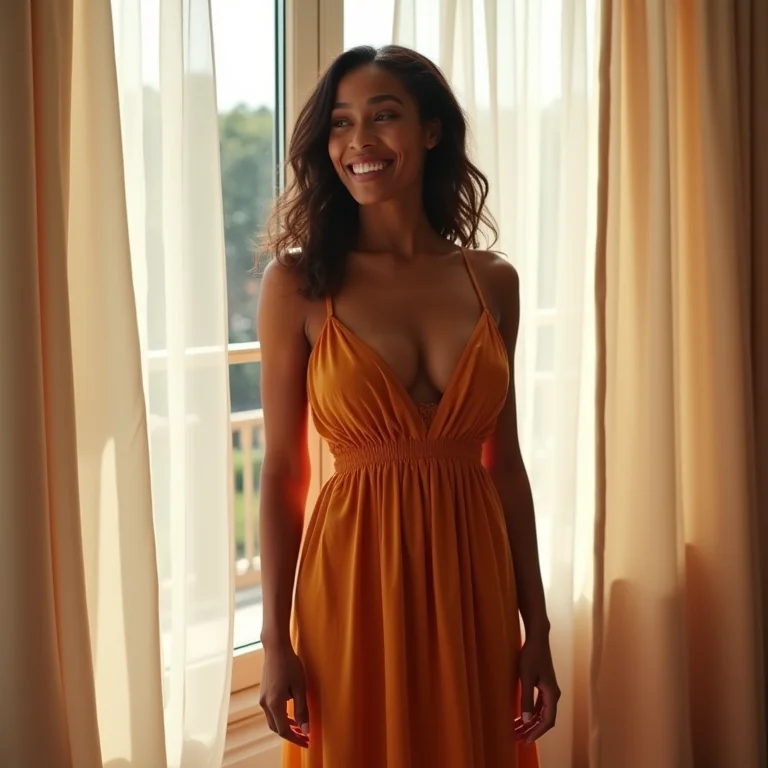 Mulher com corpo real em um vestido longo que valoriza suas curvas