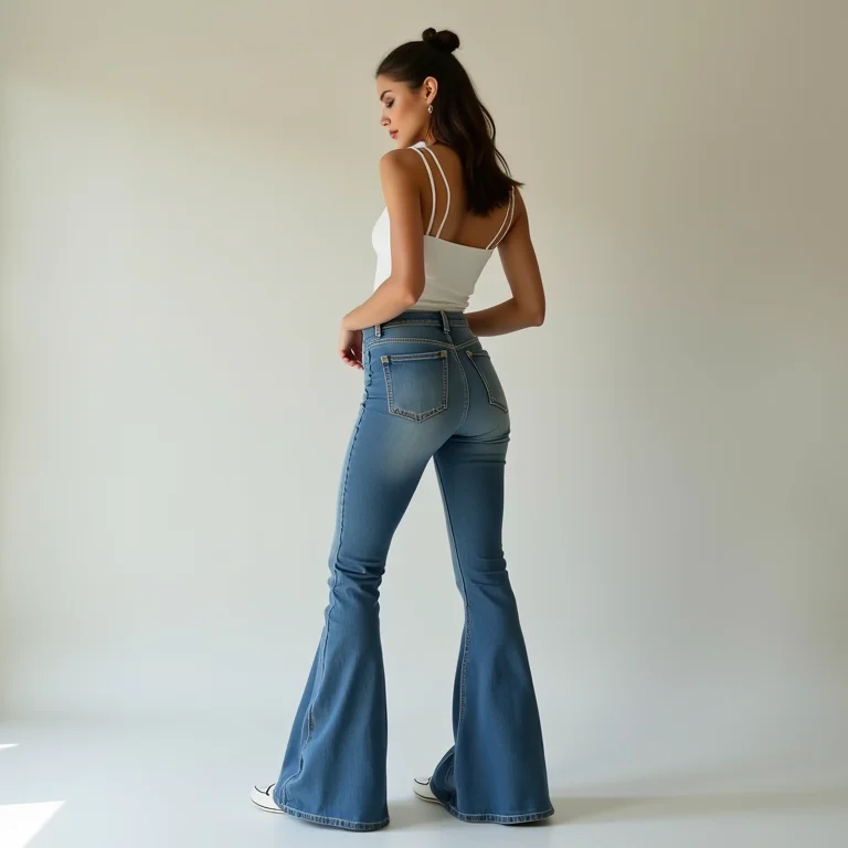 Mulher com corpo tipo maçã usando calças boca de sino que alongam as pernas