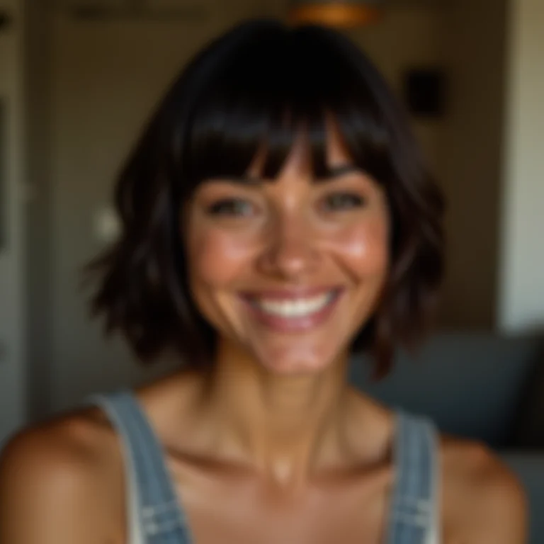 Mulher com corte de cabelo curto e franja