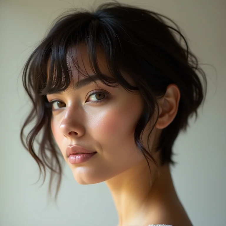 Mulher com corte em camadas sutis realçando a beleza natural