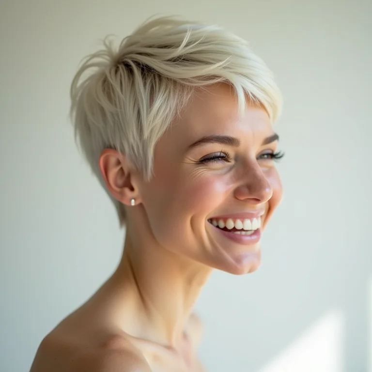 Mulher com corte pixie moderno e sorriso divertido