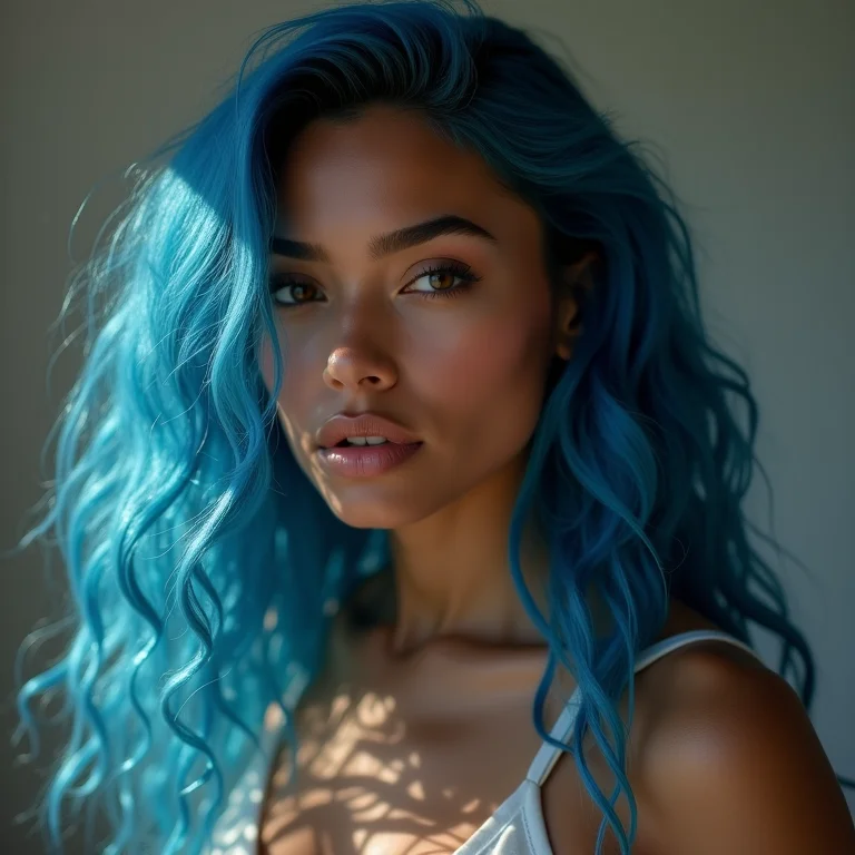 Mulher com diferentes estilos de cabelo azul fantasia