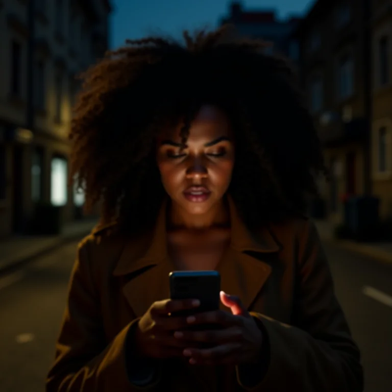 Mulher com expressão preocupada olhando para o celular em rua escura, sentindo-se insegura.