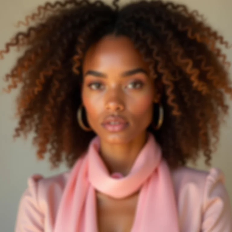 Mulher com lenço de seda rosa quartzo.