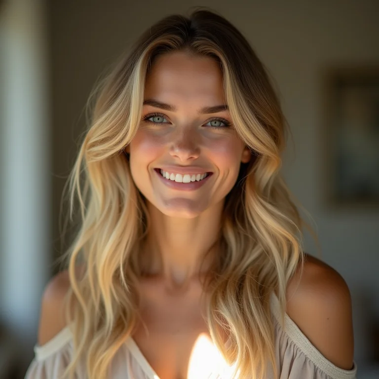 Mulher com loiro dourado suave e traços delicados