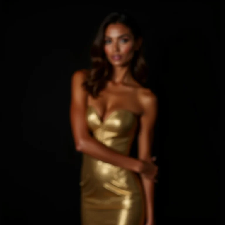 Mulher com pele bronzeada vestindo um deslumbrante vestido dourado brilhante no Oscar 2025