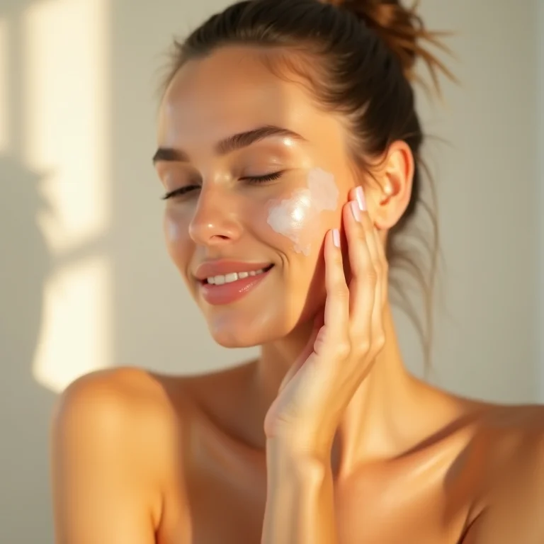 Mulher com pele radiante usando óleo de limpeza.