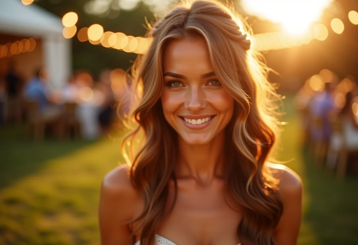 Mulher com penteado semi preso e sorriso suave