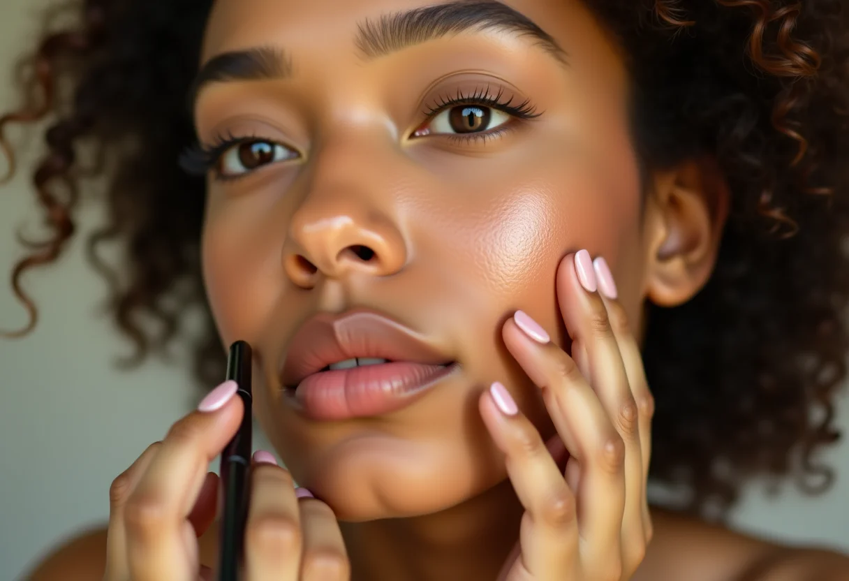 Mulher com poros visíveis aplicando maquiagem para disfarçar