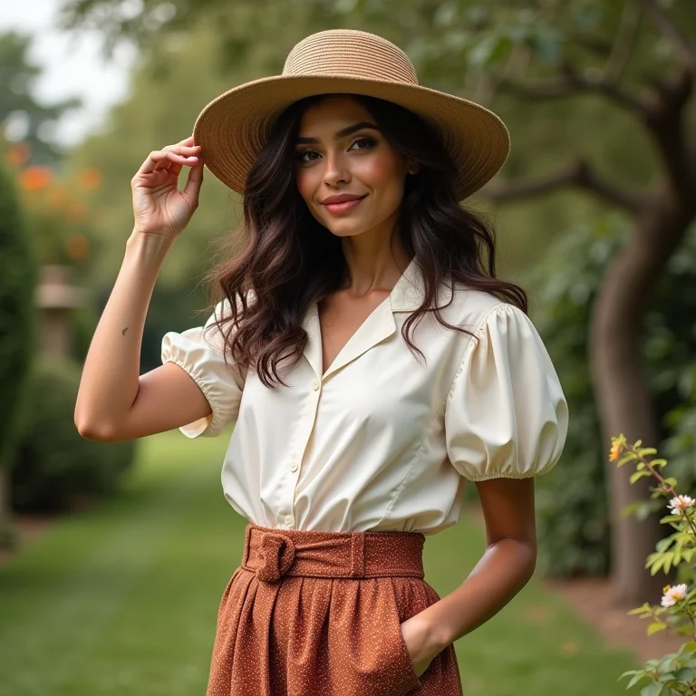Mulher com saia e cartola em um jardim