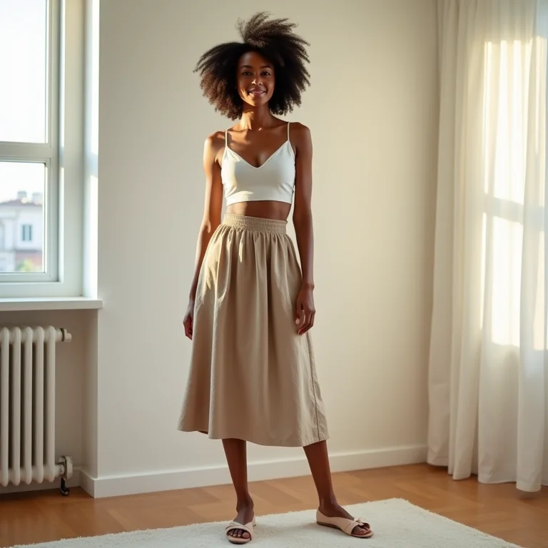 Mulher com saia midi e sapatilha.