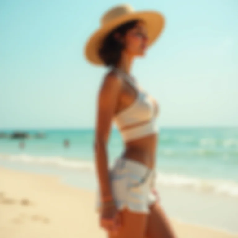 Mulher com shorts e cartola na praia