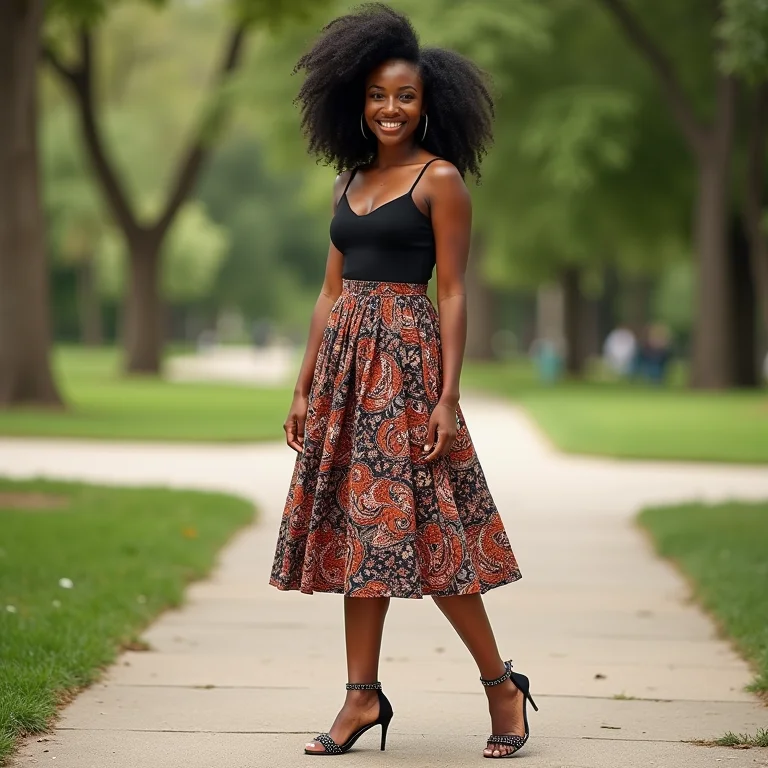 Mulher com slingback com detalhes em parque.