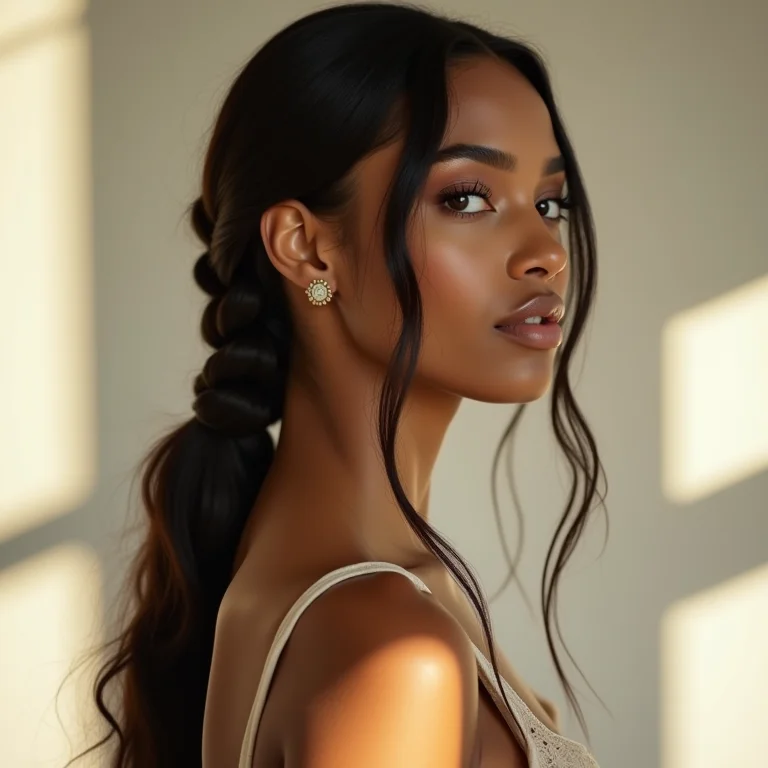 Mulher com trança lateral despojada em cabelo longo.