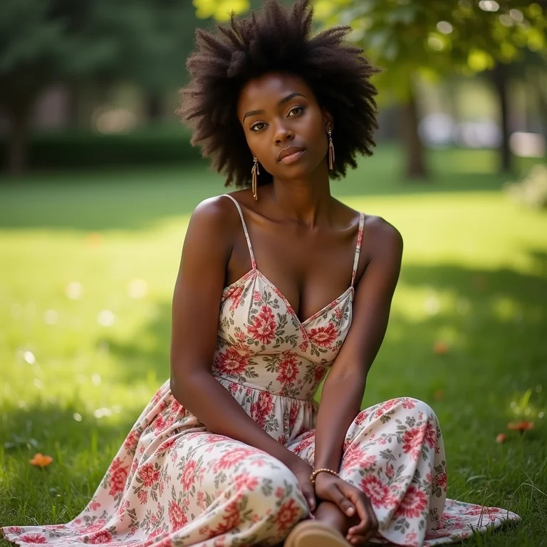Mulher com vestido floral e mocassim.