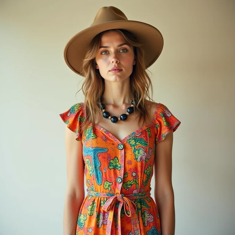 Mulher com vestido psicodélico exagerado e acessórios combinando de forma confusa.