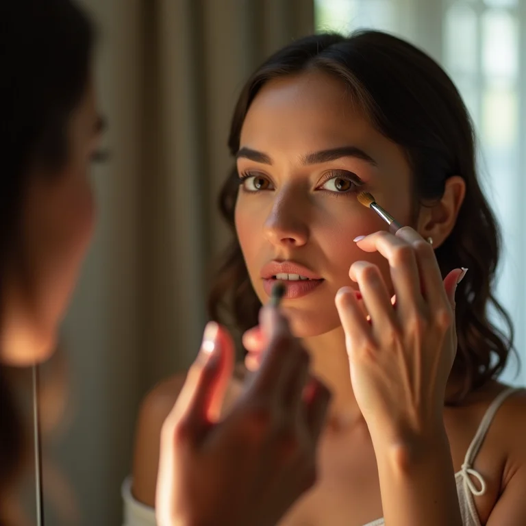 Mulher com vitiligo se maquiando em frente ao espelho com iluminação.