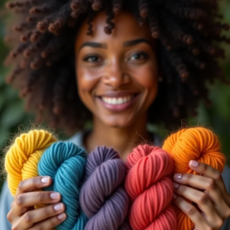 Mulher comparando cores de fios de crochê com o tom de pele