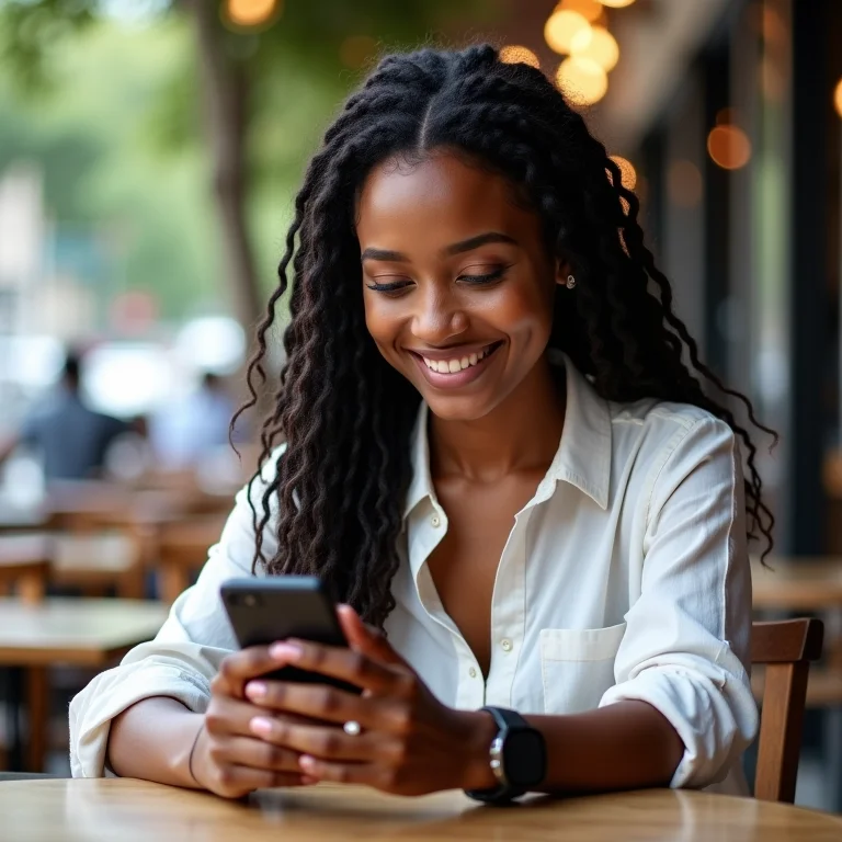 Mulher compartilhando roteiro de viagem no celular, sentada em café ao ar livre.