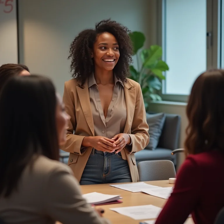 Mulher confiante apresentando ideias em reunião