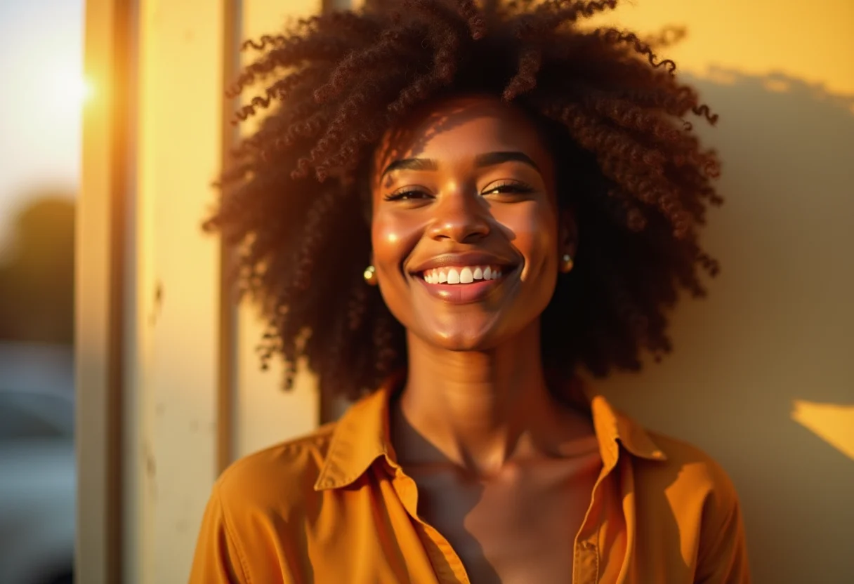 Mulher confiante e elegante sorrindo, representando consultoria de imagem online