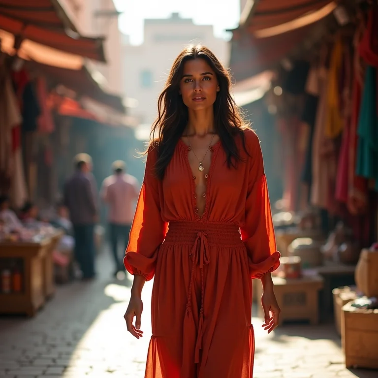 Mulher confiante em mercado estrangeiro