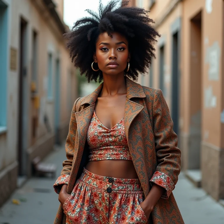 Mulher confiante vestindo um look com estampas e texturas misturadas.