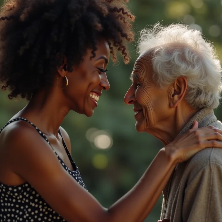 Mulher confortando um idoso que compartilha uma memória dolorosa.