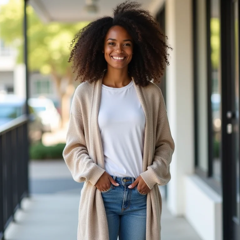 Mulher confortável usando cardigan alongado em ambiente urbano