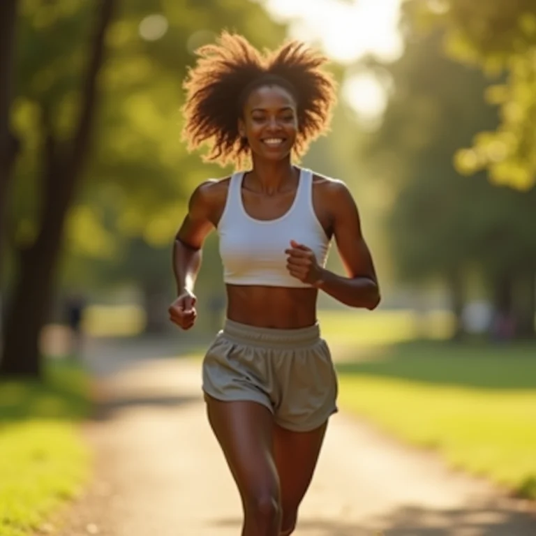 Mulher correndo em um parque ensolarado.