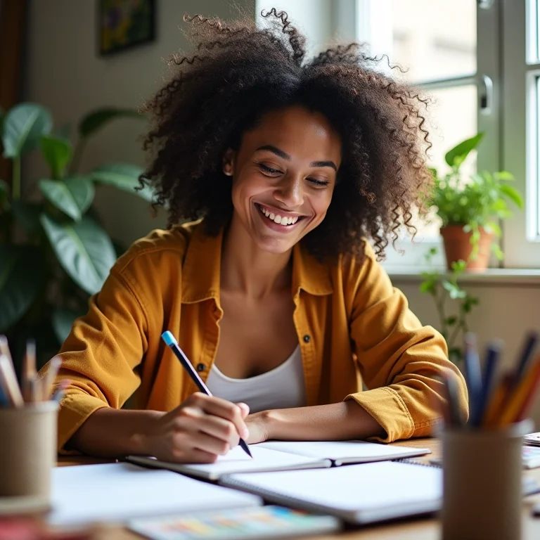 Mulher criando novos projetos com alegria no horóscopo de Áries