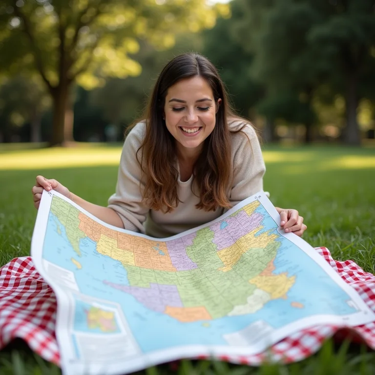 Mulher criando roteiro de viagem solo em parque