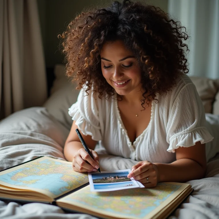 Mulher criando um scrapbook de viagem com fotos e lembranças
