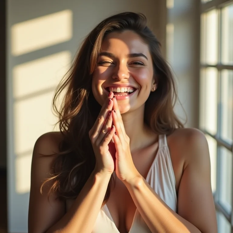 Mulher cruzando os dedos com expressão alegre