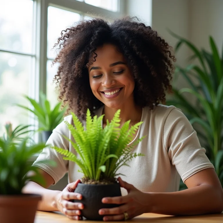 Mulher cuidando de kokedama com samambaias sorrindo