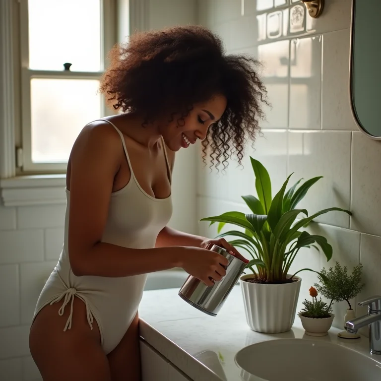 Mulher cuidando de planta em um banheiro moderno.