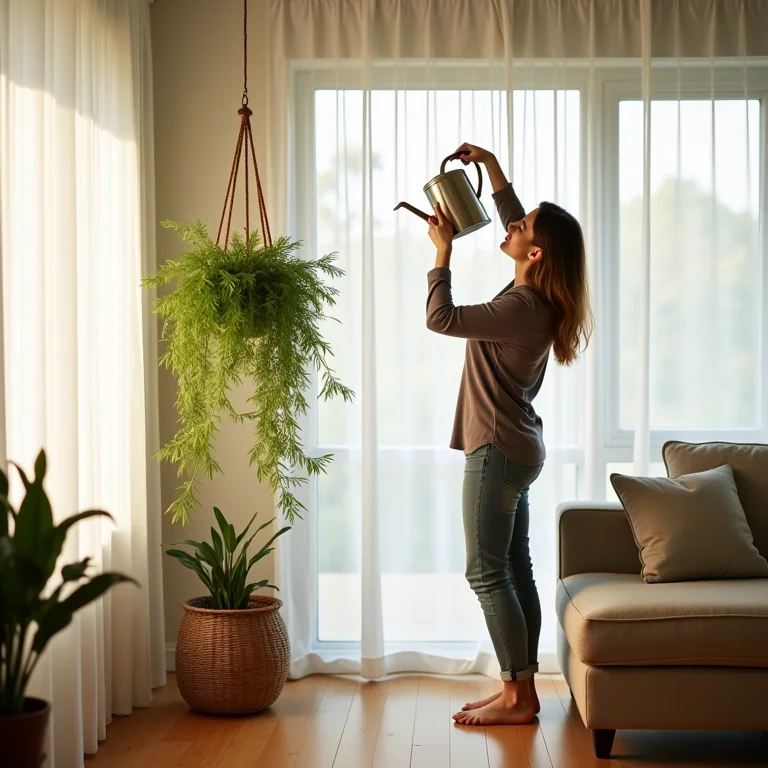 Mulher cuidando de samambaia pendente.