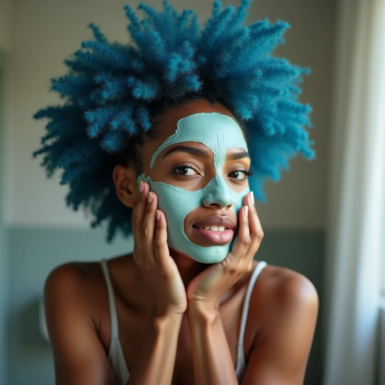 Mulher cuidando do cabelo azul com máscara hidratante