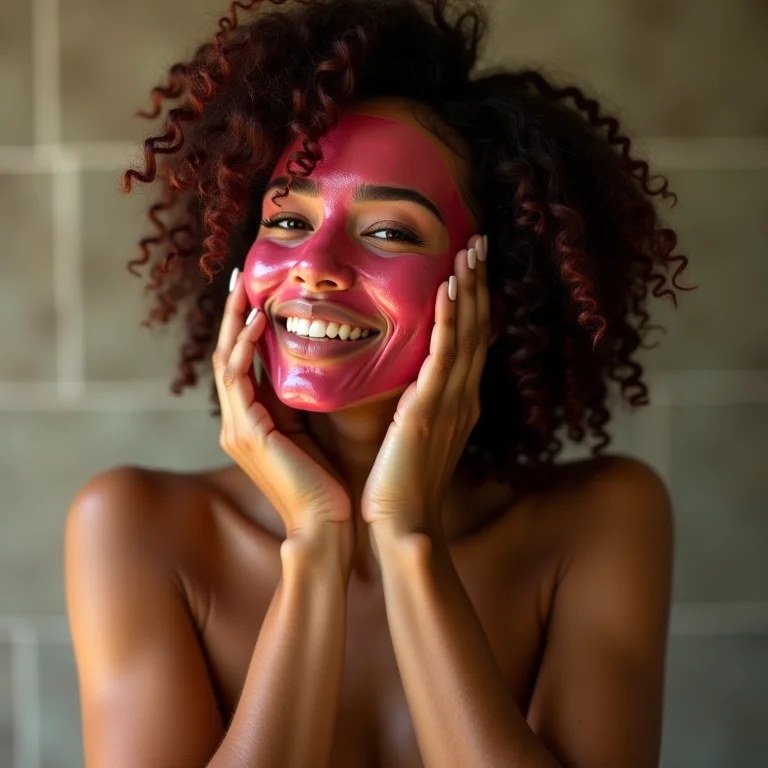 Mulher cuidando do cabelo cherry cola com máscara