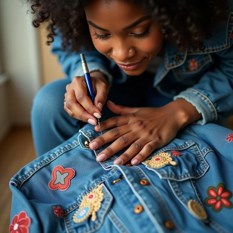 Mulher customizando jaqueta jeans com patches e tinta.