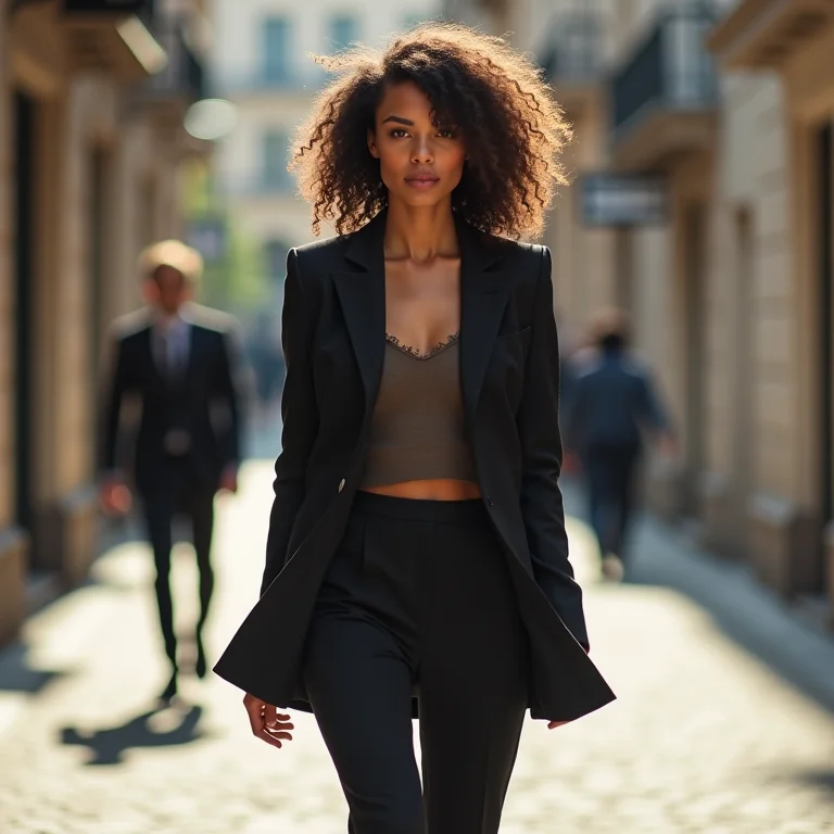 Mulher de cabelos cacheados vestindo um terno de alfaiataria desconstruído no Oscar 2025