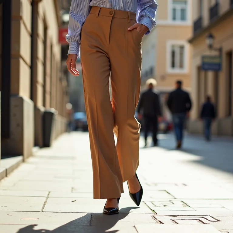 Mulher de pele bronzeada usando calças de alfaiataria e slingbacks na rua.