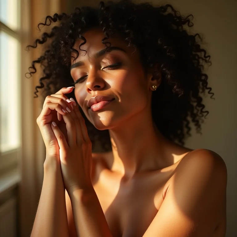 Mulher de pele parda e cabelo cacheado inalando óleo essencial de ylang ylang