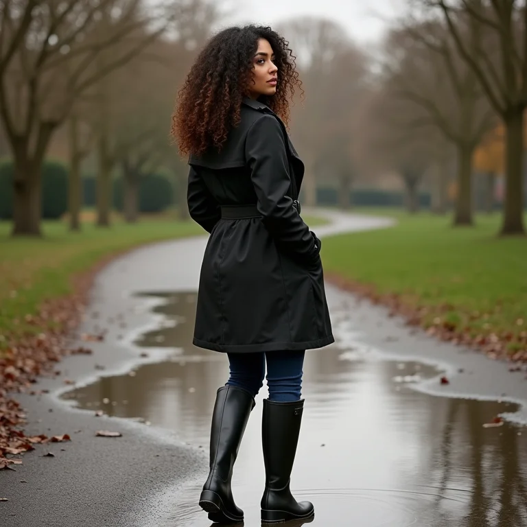 Mulher de tamanho médio usando botas impermeáveis pretas em um parque