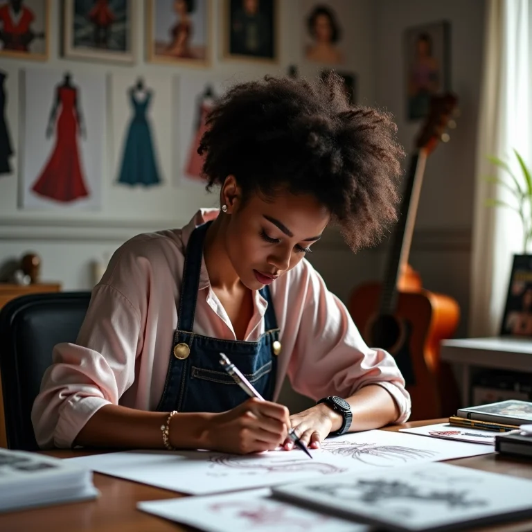 Mulher desenhando looks inspirados em bandas indie.